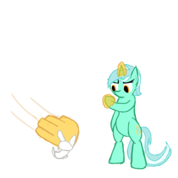 Size: 500x500 | Tagged: safe, artist:deoxys413, angel bunny, lyra heartstrings, pony, unicorn, bipedal, bitch slap, female, magic, magic hands, mare, simple background, white background