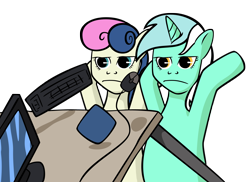 Size: 2200x1600 | Tagged: safe, artist:alanjcastonguay, bon bon, lyra heartstrings, sweetie drops, earth pony, pony, unicorn, bon bon is not amused, computer, female, mare, simple background, table flip