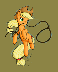 Size: 600x750 | Tagged: safe, artist:longinius, applejack, earth pony, pony, brown background, female, jumping, lasso, mare, mouth hold, simple background, solo