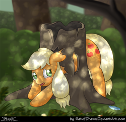 Size: 1000x973 | Tagged: safe, artist:ratofdrawn, applejack, earth pony, pony, fanfic:stuck, butt, buttstuck, clopfic, crying, dappled sunlight, fanfic, fanfic art, feather, forest, implied rainbow dash, sad, silly, silly pony, solo, stuck, tree, tree stump, worried