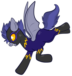 Size: 450x475 | Tagged: safe, artist:lulubell, oc, oc only, bat pony, pony, bat pony oc, clothes, costume, flying, goggles, grin, shadowbolts, shadowbolts costume, simple background, smiling, transparent background