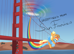 Size: 1291x952 | Tagged: safe, artist:ratofdrawn, applejack, rainbow dash, earth pony, pegasus, pony, appledash, female, golden gate bridge, lesbian, san francisco, shipping