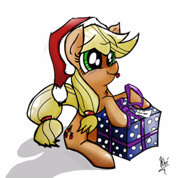 Size: 4000x4000 | Tagged: safe, artist:ohiekhe, applejack, earth pony, pony, female, hat, mare, present, santa hat, simple background, solo, tongue out, white background