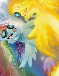 Size: 612x792 | Tagged: safe, artist:cat4lyst, rainbow dash, spitfire, pegasus, pony, female, flying, goggles, grin, lesbian, mare, shipping, smiling, spitdash