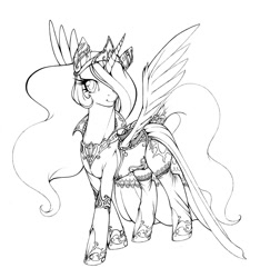 Size: 844x903 | Tagged: safe, artist:longinius, princess celestia, alicorn, pony, dock, grayscale, lineart, monochrome, solo