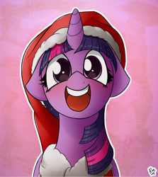 Size: 1501x1679 | Tagged: safe, artist:ohiekhe, twilight sparkle, twilight sparkle (alicorn), alicorn, pony, bust, clothes, costume, cute, floppy ears, hat, looking at you, open mouth, santa costume, santa hat, smiling, solo, twiabetes