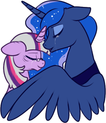 Size: 378x440 | Tagged: safe, artist:lulubell, princess luna, twilight sparkle, alicorn, pony, crying, female, hug, immortality blues, lesbian, mortal twilight, old, shipping, simple background, transparent background, twiluna, winghug