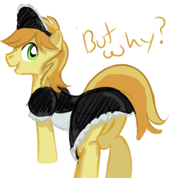 Size: 352x369 | Tagged: source needed, safe, artist:kloudmutt, braeburn, earth pony, pony, clothes, crossdressing, looking at you, looking back, maid, male, simple background, solo, stallion, white background