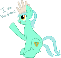 Size: 452x429 | Tagged: safe, artist:lulubell, lyra heartstrings, pony, unicorn, dialogue, gloves, open mouth, raised hoof, simple background, sitting, smiling, solo, transparent background