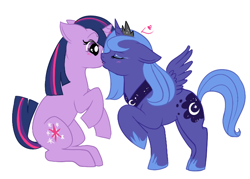 Size: 700x500 | Tagged: safe, artist:lulubell, princess luna, twilight sparkle, alicorn, pony, female, kissing, lesbian, s1 luna, shipping, simple background, twiluna, white background