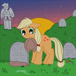 Size: 525x525 | Tagged: safe, artist:lulubell, artist:sdkfz186jagdtiger, edit, applejack, rainbow dash, earth pony, pegasus, pony, appledash, female, grave, lesbian, sad, shipping