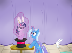 Size: 3504x2552 | Tagged: safe, artist:mikoruthehedgehog, angel bunny, trixie, twilight sparkle, pony, unicorn, bunny ears, bunny out of the hat, female, hat, high res, magic, magic trick, mare, top hat, unamused