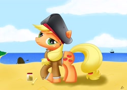 Size: 4092x2893 | Tagged: safe, artist:meandmypie, applejack, earth pony, pony, beach, bicorne, clothes, female, hat, mare, pirate, rowboat, ship, solo