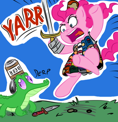 Size: 1740x1803 | Tagged: safe, artist:plasters-ponies, gummy, pinkie pie, earth pony, pony, beer can, female, mare, samurai, sword, weapon