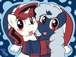Size: 979x728 | Tagged: safe, artist:zajice, oc, oc only, oc:lilith, oc:shivers, pony, unicorn, :p, blushing, broken horn, clothes, cute, looking at you, piercing, scarf, smiling, squishy cheeks, tongue out, tongue piercing