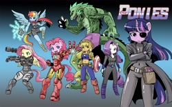 Size: 2000x1240 | Tagged: safe, artist:shepherd0821, applejack, fluttershy, pinkie pie, rainbow dash, rarity, spike, twilight sparkle, anthro, earth pony, pegasus, unguligrade anthro, unicorn, ambiguous facial structure, applerack, armor, avengers, belly button, black widow (marvel), breasts, captain america, catsuit, crossover, eyepatch, female, gradient background, iron man, line-up, mane seven, mane six, marvel, midriff, nick fury, parody, reference, s.h.i.e.l.d., shield, the incredible hulk, thor, war machine