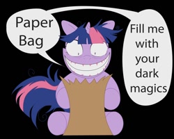 Size: 1200x960 | Tagged: safe, artist:yjayr, twilight sparkle, pony, unicorn, female, insanity, mare, paper bag, simple background, sitting, solo, twilight snapple