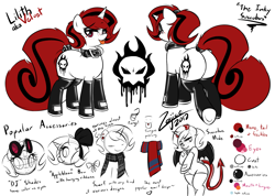 Size: 1767x1255 | Tagged: safe, artist:zajice, oc, oc only, oc:lilith, succubus, bat wings, clothes, collar, cutie mark, devil, devil tail, female, freckles, latex, leggings, piercing, plot, reference sheet, scarf, spaded tail, stockings, tongue out, tongue piercing