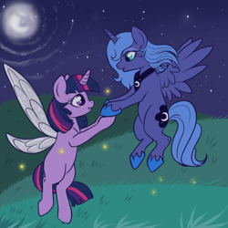 Size: 600x600 | Tagged: safe, artist:lulubell, princess luna, twilight sparkle, alicorn, pony, artificial wings, augmented, blank flank, female, lesbian, magic, magic wings, s1 luna, shipping, twiluna, wings