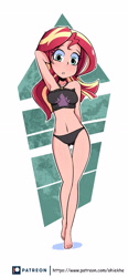 Size: 1844x3972 | Tagged: safe, artist:ohiekhe, sunset shimmer, human, better together, equestria girls, forgotten friendship, arm behind head, armpits, barefoot, belly button, bikini, breasts, clothes, cute, feet, female, human coloration, humanized, looking at you, shimmerbetes, solo, swimsuit