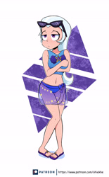 Size: 3599x5808 | Tagged: safe, artist:ohiekhe, trixie, human, better together, equestria girls, forgotten friendship, absurd resolution, belly button, bikini, clothes, feet, female, flip-flops, human coloration, humanized, sandals, sarong, solo, sunglasses, swimsuit