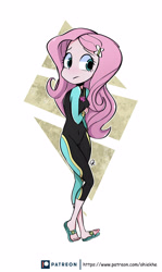 Size: 2904x4884 | Tagged: safe, artist:ohiekhe, fluttershy, butterfly, fish, human, better together, equestria girls, forgotten friendship, blushing, clothes, cute, feet, female, flip-flops, human coloration, humanized, patreon, sandals, shy, shyabetes, solo, standing, swimsuit, wetsuit