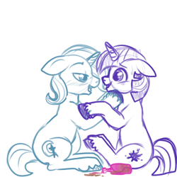 Size: 500x500 | Tagged: safe, artist:lulubell, trixie, twilight sparkle, bedroom eyes, blushing, bottle, drunk, drunk twilight, gay, male, rule 63, shipping, simple background, the great and alcoholics trixie, twixie, white background