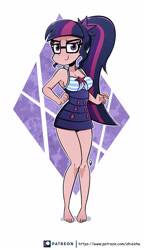 Size: 2982x5187 | Tagged: safe, artist:ohiekhe, sci-twi, twilight sparkle, better together, equestria girls, forgotten friendship, barefoot, clothes, feet, female, glasses, human coloration, ponytail, sleeveless, smiling, solo, swimsuit