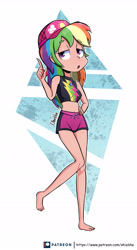 Size: 2979x5453 | Tagged: safe, artist:ohiekhe, rainbow dash, human, better together, equestria girls, forgotten friendship, abstract background, barefoot, belly button, cap, clothes, feet, female, geode of super speed, hat, human coloration, humanized, magical geodes, midriff, open mouth, patreon, patreon logo, shorts, solo, swimming trunks, swimsuit