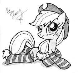 Size: 800x755 | Tagged: safe, artist:jcosneverexisted, applejack, earth pony, pony, clothes, monochrome, prone, socks, solo, striped socks, traditional art