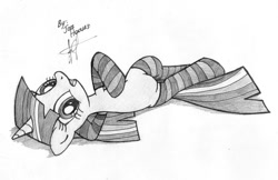 Size: 800x517 | Tagged: safe, artist:jcosneverexisted, twilight sparkle, clothes, monochrome, socks, solo, striped socks, traditional art