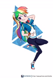 Size: 2805x4096 | Tagged: safe, artist:ohiekhe, rainbow dash, better together, equestria girls, arm behind head, clothes, converse, female, human coloration, jacket, link, looking at you, pants, patreon, patreon logo, peace sign, raised leg, shoes, simple background, smiling, smirk, sneakers, solo, the legend of zelda, white background