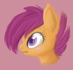 Size: 439x418 | Tagged: safe, artist:lulubell, scootaloo, pegasus, pony, bust, female, filly, pink background, simple background, solo