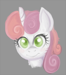 Size: 300x339 | Tagged: source needed, safe, artist:lulubell, sweetie belle, pony, unicorn, bust, female, filly, gray background, looking at you, simple background, smiling, solo