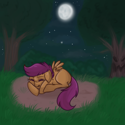 Size: 500x500 | Tagged: safe, artist:lulubell, scootaloo, pegasus, pony, sleepless in ponyville, bush, crying, detailed background, female, filly, grass, moon, night, scared, solo, stars, tree, wings