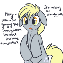 Size: 500x500 | Tagged: safe, artist:lulubell, derpy hooves, pegasus, pony, bipedal, derpygate, female, floppy ears, frown, mare, open mouth, sad, simple background, solo, text, underp, white background, worried