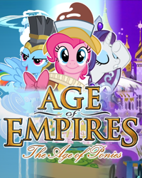 Size: 640x800 | Tagged: safe, artist:joseph-hicks, chancellor puddinghead, commander hurricane, pinkie pie, princess platinum, rainbow dash, rarity, earth pony, pegasus, pony, unicorn, age of empires, box art, cover, female, game cover, mare, rts, video game