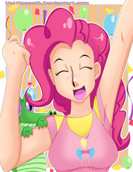 Size: 2549x3294 | Tagged: safe, artist:val-hasseth, gummy, pinkie pie, human, abstract background, armpits, balloon, eyes closed, female, high res, humanized