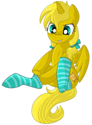 Size: 395x535 | Tagged: safe, artist:lulubell, oc, oc only, oc:ticket, alicorn, pony, alicorn oc, bow, clothes, cute, simple background, socks, solo, striped socks, transparent background