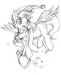 Size: 617x762 | Tagged: safe, artist:longinius, derpy hooves, pegasus, pony, female, grayscale, hat, lineart, mail, mare, monochrome, santa hat, snow, snowflake, underp