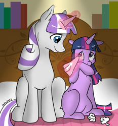 Size: 651x700 | Tagged: safe, artist:lulubell, twilight sparkle, twilight velvet, bed, blanket, comforting, comforting twilight, crying, female, magic, mother and child, mother and daughter, parent and child, sitting, tissue