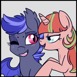 Size: 350x350 | Tagged: safe, artist:lulubell, oc, oc:night watch, bat pony, pony, female, lesbian, night guard, shipping