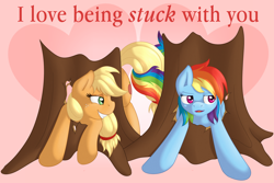 Size: 1500x1000 | Tagged: safe, artist:ratofdrawn, applejack, rainbow dash, earth pony, pegasus, pony, fanfic:stuck, appledash, clopfic, duo, fanfic, fanfic art, female, lesbian, shipping, stuck, tree, valentine