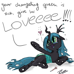 Size: 600x600 | Tagged: safe, artist:rinikka, queen chrysalis, changeling, changeling queen, nymph, crying, cute, cutealis, heart, love, on side, open mouth, puppy dog eyes, sad, sick, solo, thermometer