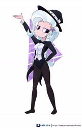 Size: 2879x4461 | Tagged: safe, artist:ohiekhe, trixie, human, abstract background, bowtie, clothes, female, hat, humanized, lidded eyes, light skin, pantyhose, smiling, solo, top hat