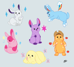 Size: 1000x904 | Tagged: dead source, safe, artist:meggchan, applejack, fluttershy, pinkie pie, rainbow dash, rarity, twilight sparkle, earth pony, pony, rabbit, bunnified, bunny pie, bunny sparkle, bunnyjack, bunnyshy, cute, gray background, mane six, rabbit dash, rabbity, simple background, species swap