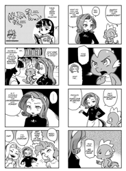 Size: 700x953 | Tagged: safe, artist:shepherd0821, fluttershy, pinkie pie, rarity, spike, twilight sparkle, anthro, dragon, 4koma, ambiguous facial structure, comic, female, i see what you did there, male, meme, monochrome, rage face, translation