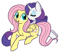 Size: 381x339 | Tagged: safe, artist:lulubell, fluttershy, rarity, pegasus, pony, unicorn, blushing, female, flarity, kiss on the cheek, kissing, lesbian, shipping, simple background, white background