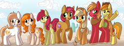 Size: 1179x437 | Tagged: safe, artist:lulubell, apple bloom, applejack, babs seed, big macintosh, braeburn, oc, earth pony, pony, appleseed, female, lesbian, male, older, shipping