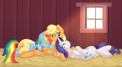 Size: 2430x1340 | Tagged: safe, artist:ratofdrawn, applejack, rainbow dash, rarity, earth pony, pegasus, pony, unicorn, appledash, applejack gets all the mares, belly button, eyes closed, female, freckles, hay, lesbian, mare, ot3, polyamory, raridash, rarijack, rarijackdash, shipping, smiling, window